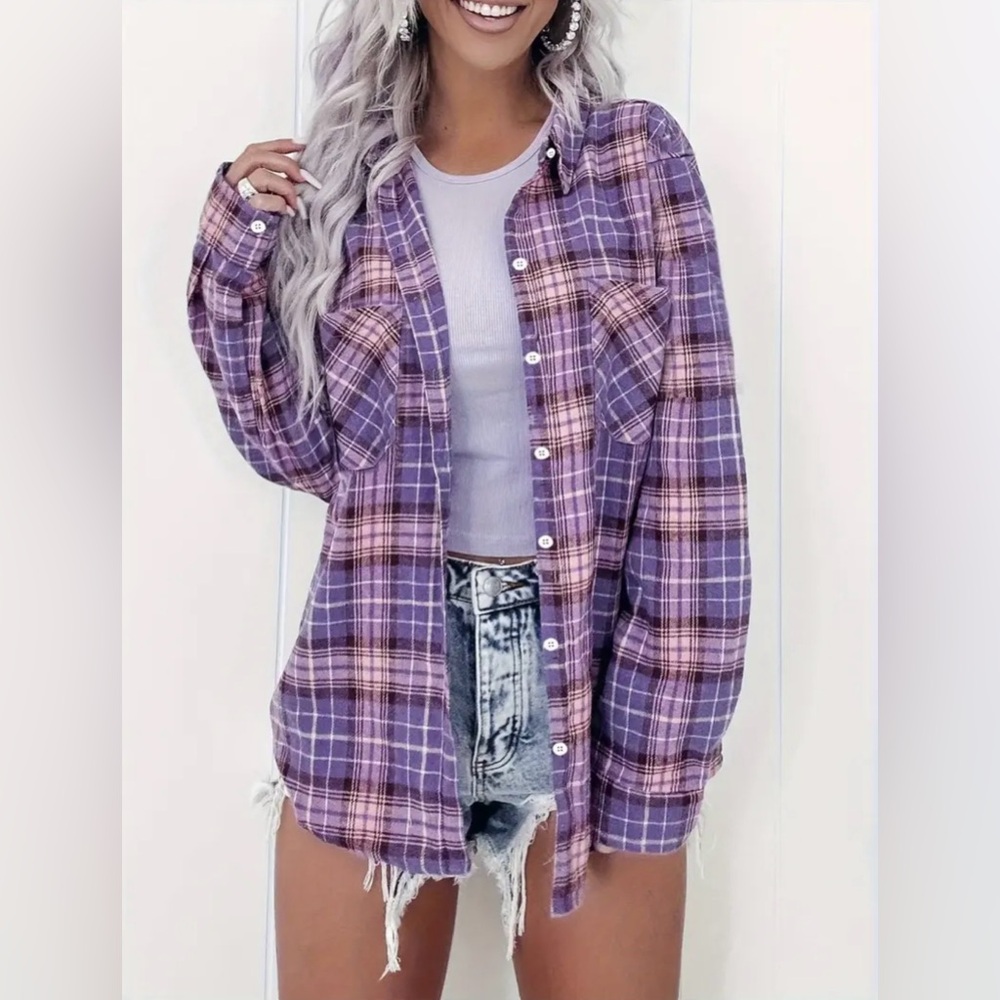 Purple Button Down Plaid Shirt